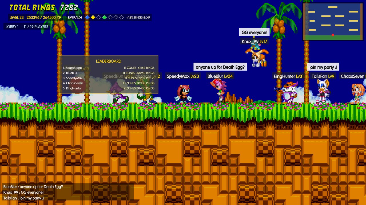 Players of every character chatting in the online lobby, next to the leaderboard